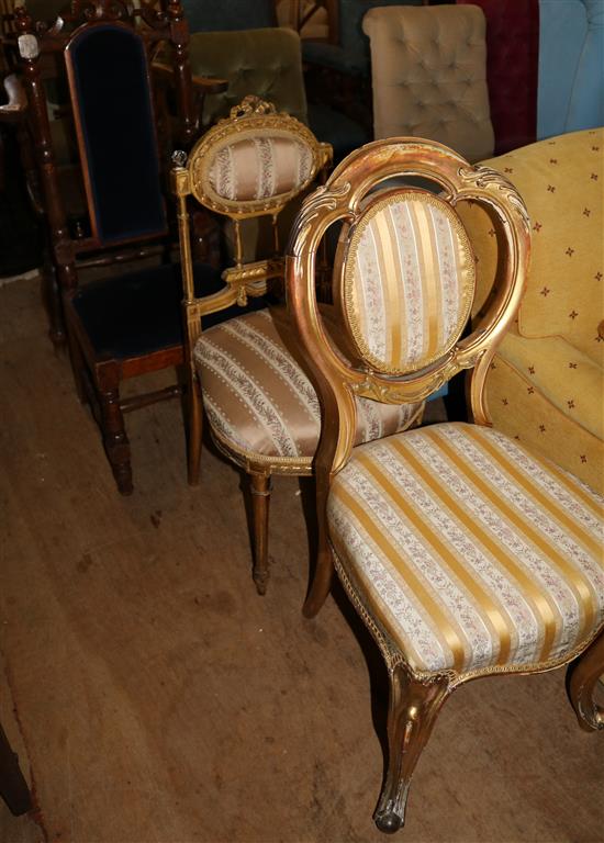 2 Louis XV style gilt salon chairs and an oak chair